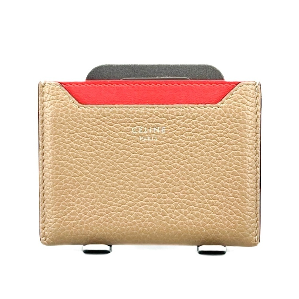 Celine Tricolor Pebbled Leather Card Holder Beige Red Wallet